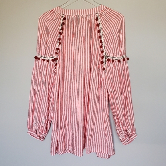 Zara Boho Tunic Dress Womens Medium Red White Stripe Pom Pom Tassel Long Sleeve - Picture 8 of 9